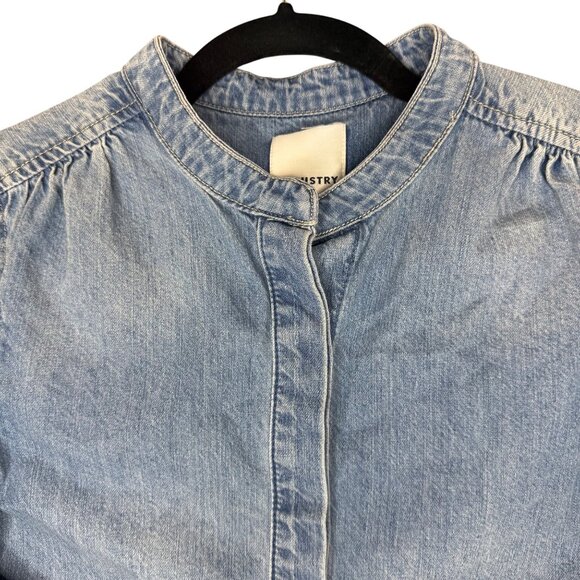 Industry Blue Denim Button Shirt with Puff Ruffle Ruche Sleeve Women sz L - Picture 2 of 9